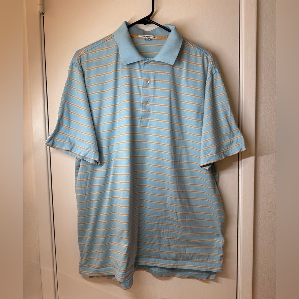 Peter Millar Men’s Blue Orange Striped 100% Cotton Short Sleeves Polo Shirt L